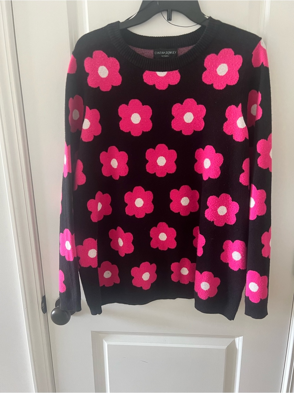 Cynthia Rowley Black Crewneck Sweater with Hot Pink and White Flower Motif